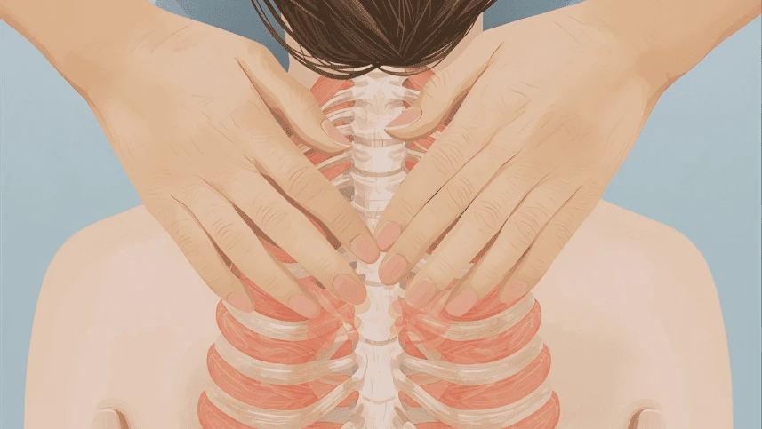 Desenho anatômico com profissional de microfisioterapia aplicando técnica na coluna de uma paciente